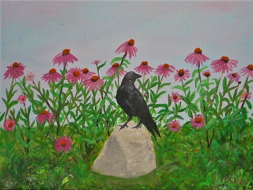 Crow with Cone Flowers